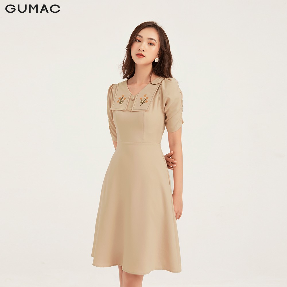 Đầm nữ ôm GUMAC thiết kế thêu họa tiết hoa, màu kem đủ size DB1116 | BigBuy360 - bigbuy360.vn