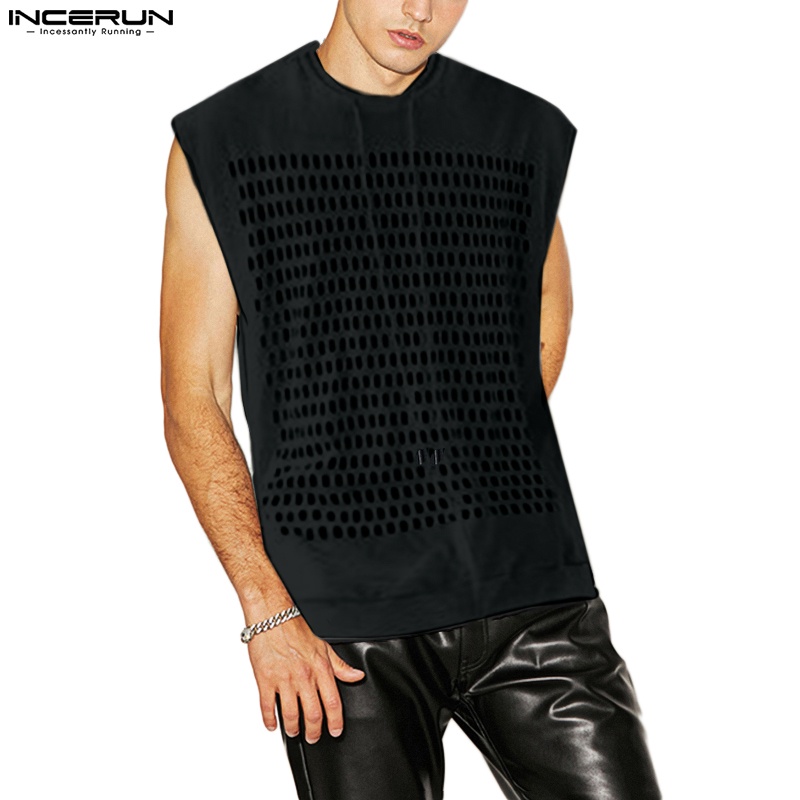Áo tank top INCERUN không tay xuyên thấu khoét rỗng thiết kế dây rút thời trang cho nam