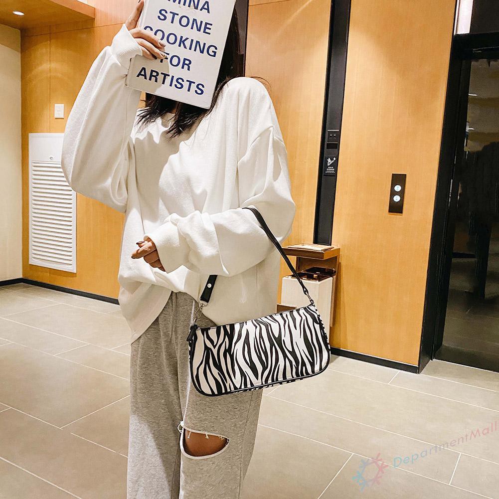 【High Quality】Fashion Cow Zebra Print Women Handbag Female Zipper Shoulder Underarm Bag