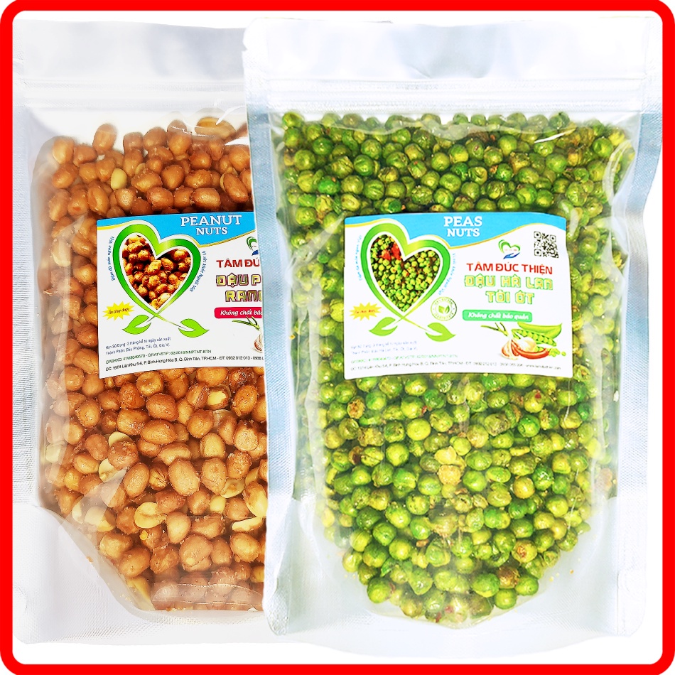 Combo 1KG: Đậu Phộng Rang Tỏi Ớt và Hà Lan Rang Tỏi Ớt Tâm Đức Thiện (2 x Túi 500GR)