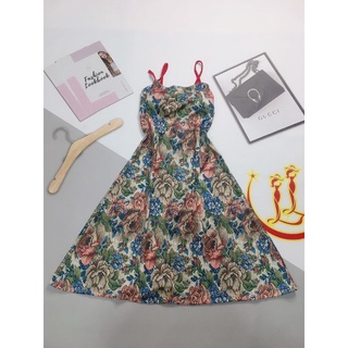 Đầm hoa thun umi 2 dây eo ôm dáng xòe