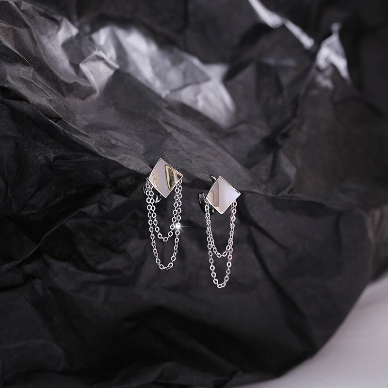 Khuyên tai bạc 925 hình thoi thả xích đôi dạng bấm trẻ trung độc đáo Dế Bạc - K5958