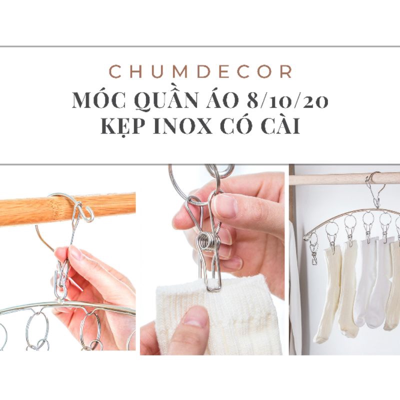 MÓC TREO KẸP PHƠI QUẦN ÁO , TẤT , VỚ INOX có 8 ,10 kẹp nhỏ TI6
