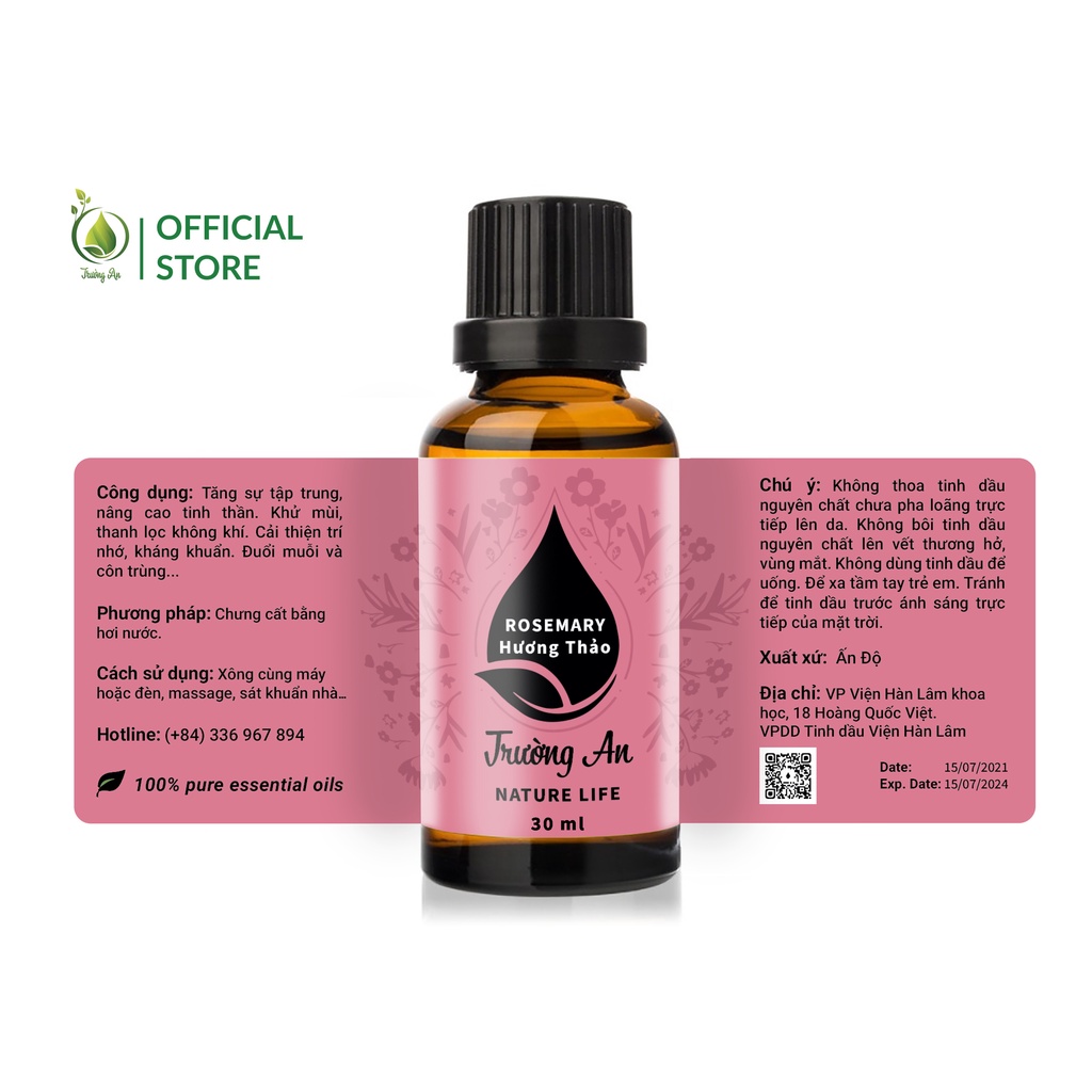 Tinh dầu Hương Thảo Rose Mary Trường An Essential Oil, xuất sứ thiên nhiên không pha tạp chất, có giấy kiểm định COA