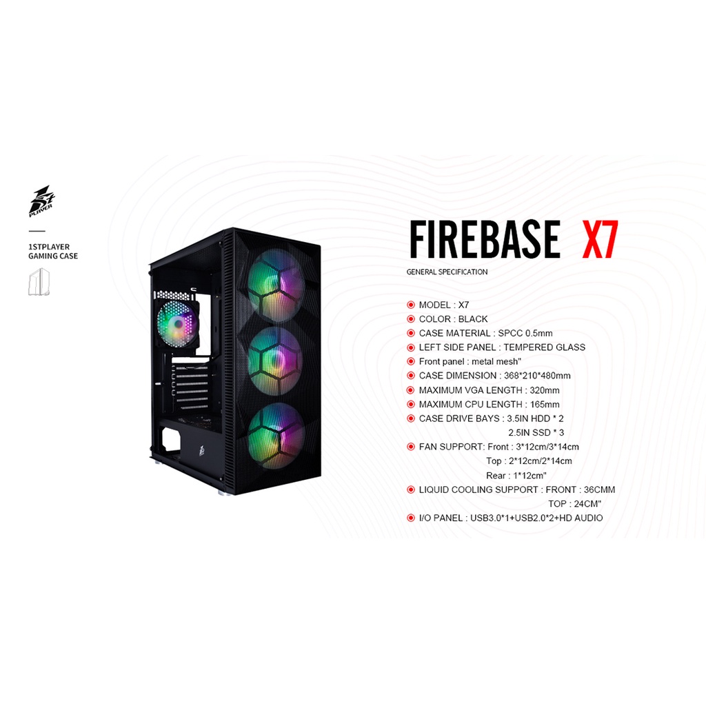 Vỏ case máy tính 1ST PLAYER FIREBASE X7 (2 Mặt Kính Cường Lực, 4 Fan) NEW