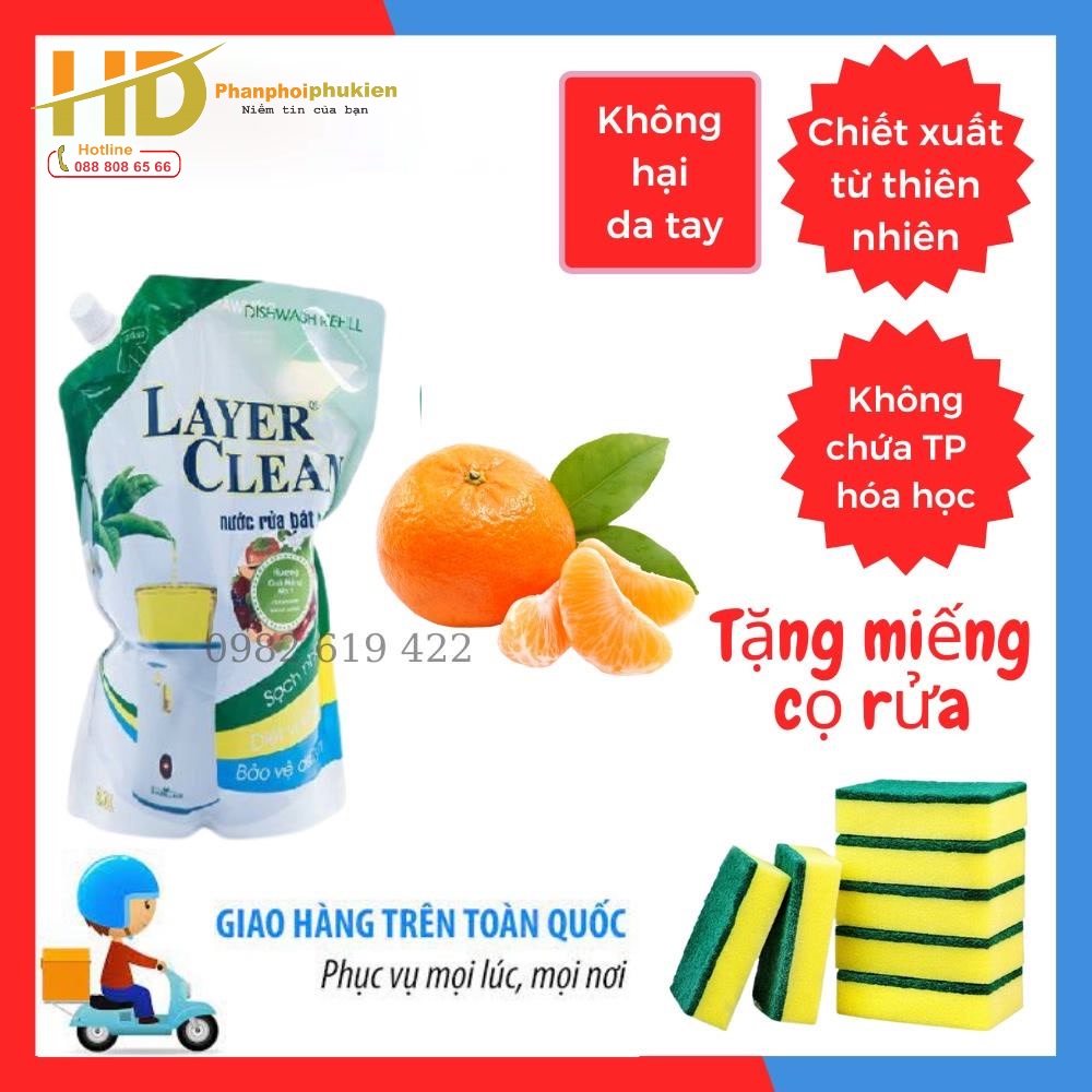 Nước rửa chén bát hữu cơ  Layer Clean, hương quả quýt - Tặng kèm miếng mút cọ rửa cao cấp