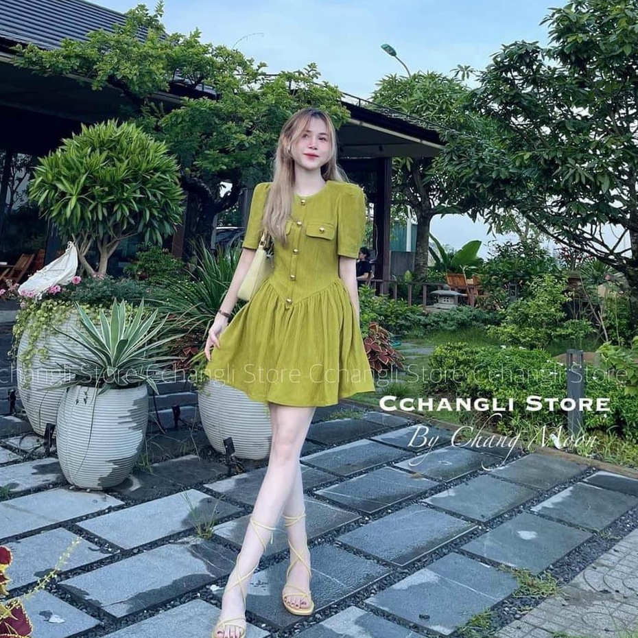 Váy dự tiệc ,váy gân cổ tròn thiết kế dáng xòe tay bồng tiểu thư sang chảnh đi làm dạo phố XM đầm nữ Minh Phúc