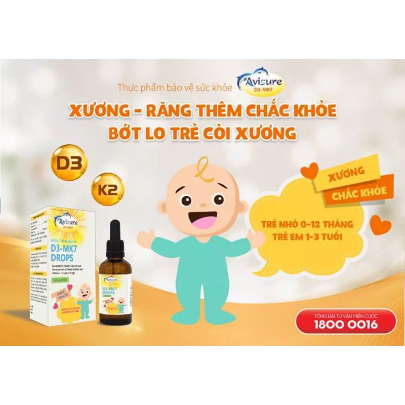 Avisure D3 - MK7 Drops - bổ sung vitamin D3 và K2 giúp tăng cường hấp thu canxi, hỗ trợ xương răng chắc khỏe