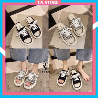 Dép quai ngang dép sục nữ dây buộc hở mũi đế bánh mì hai màu đen, kẻ caro size 35-39