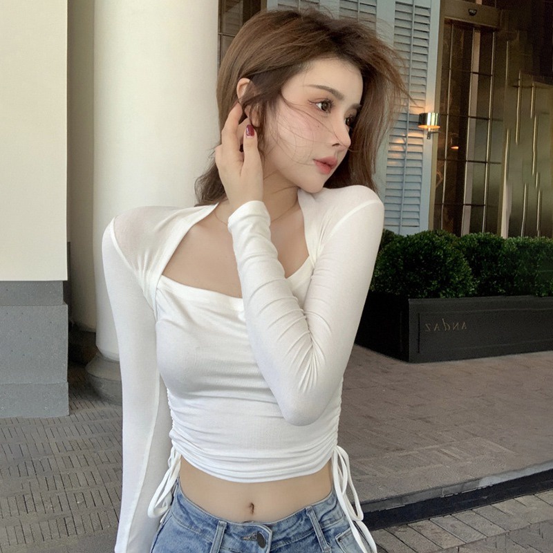 Áo Croptop Tay Dài Cổ Vuông Thiết Kế Dây Rút Phong Cách Hàn Quốc Quyến Rũ Cho Nữ