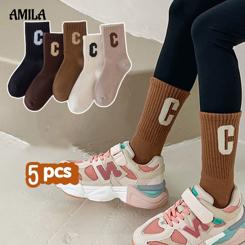 Vớ AMILA cotton nguyên chất dày dài vừa in chữ cái phong cách Hàn Quốc cho bé trai và gái