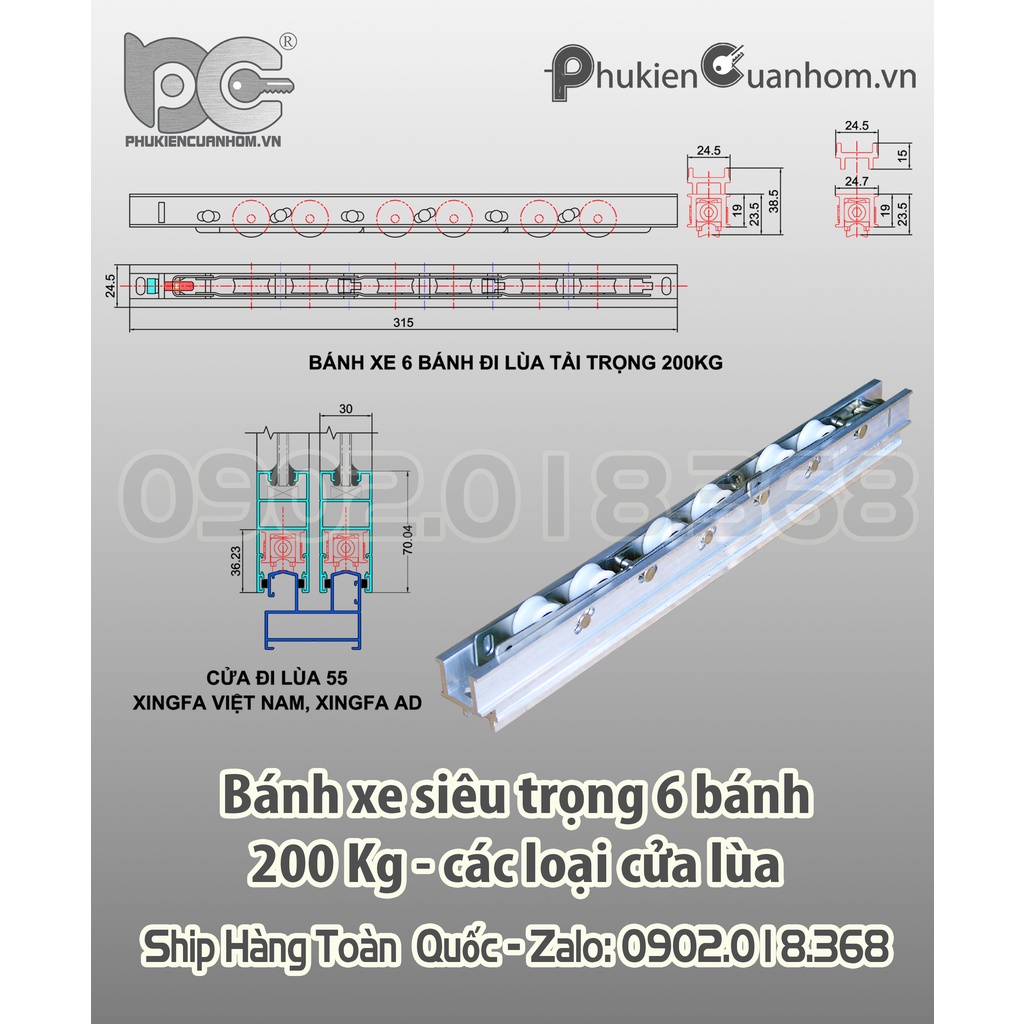 BÁNH XE 6 BÁNH CHỊU TẢI 200KG CHO CỬA ĐI LÙA