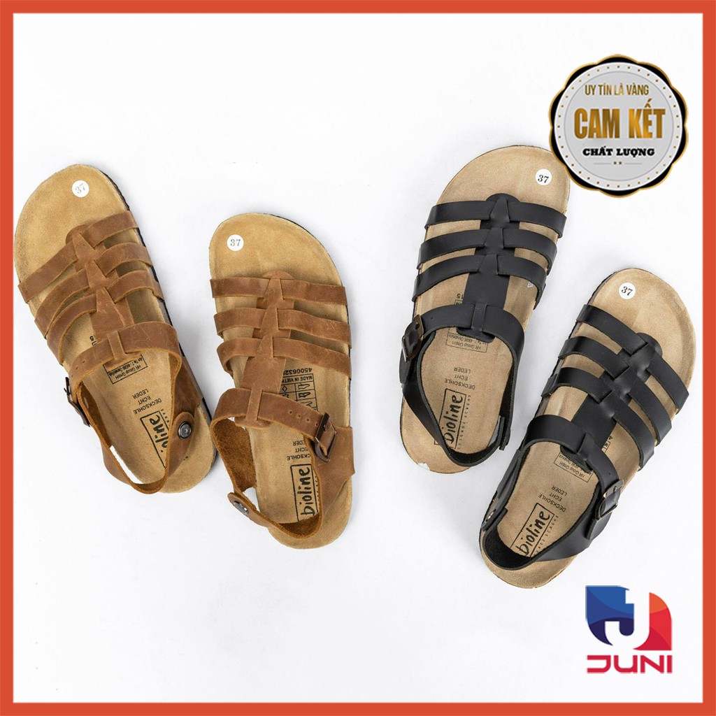 [DA BÒ THẬT] D12-Dép da bò quai ngang Birken Bioline Unisex (Đế trấu) - Juni Store