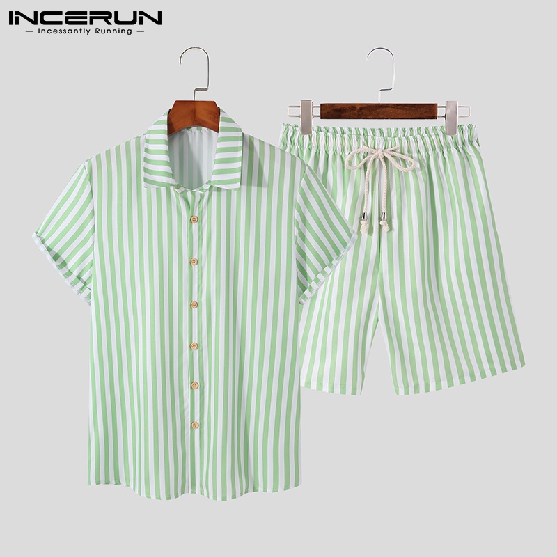 Set áo sơ mi tay ngắn kẻ sọc + quần short INCERUN thời trang cao cấp cho nam