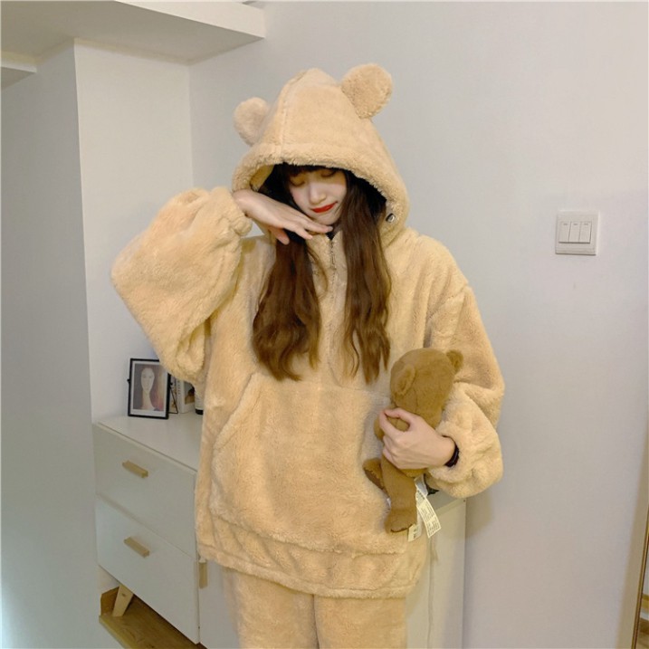 Bộ quần ao ngủ nữ mùa đông ấm áp dày dặn, Bộ Ngủ Lông Cừu Mũ Tai Gấu Màu Be Nâu Siêu Xinh, áo lông nữ - LAZASHION | BigBuy360 - bigbuy360.vn