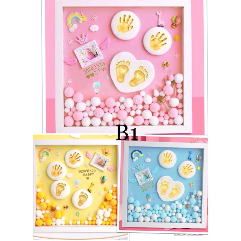 Khung tranh treo tường dấu chân tay cho bé, bộ khung ảnh in hình miễn phí gồm đất sét tự khô kèm sticker Baby sociu