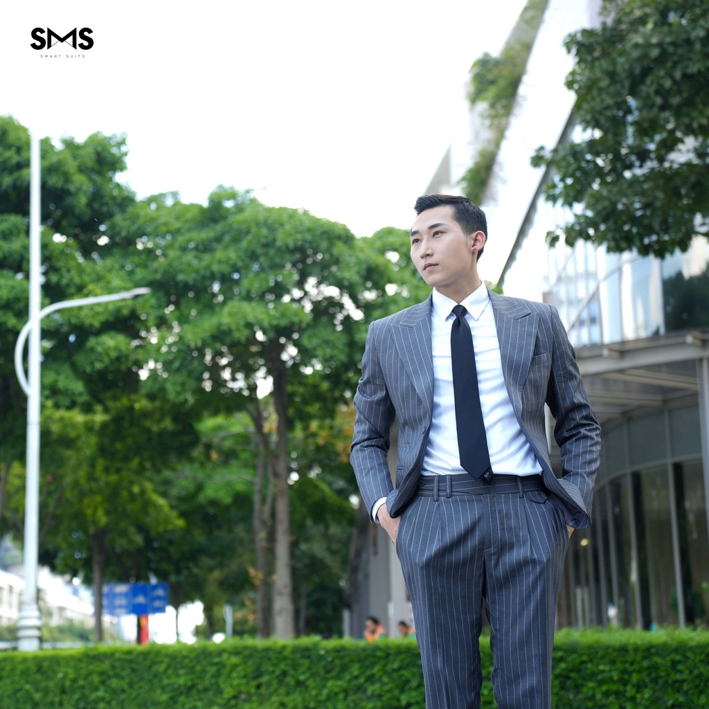 Vest nam xám sáng kẻ sọc 2 khuy 3 túi phối quần sidetab, suits sartorial, chuẩn form Smart Suits