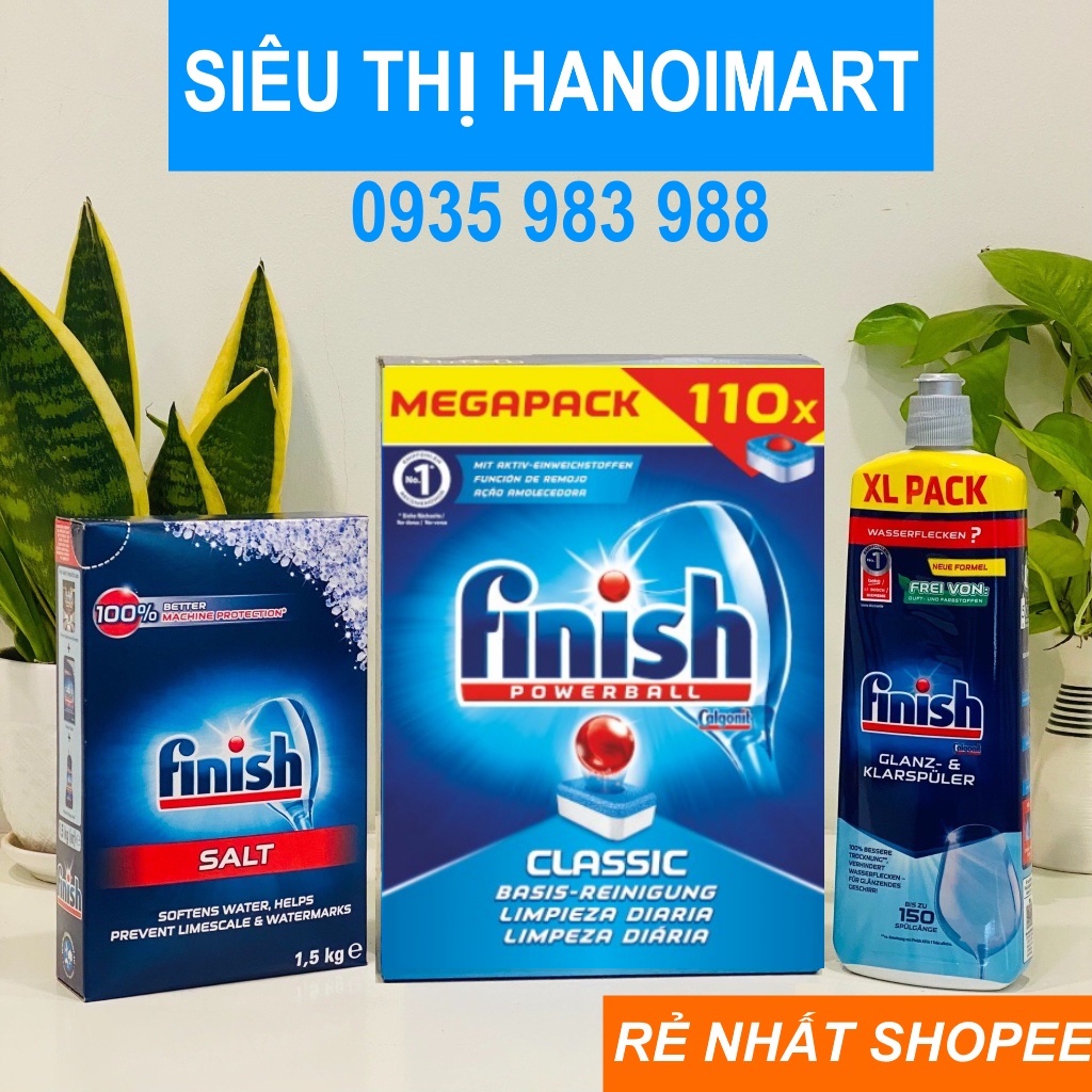 Viên rửa bát Finish classic 110 Viên + Muối rửa chén finish 1.5kg + Nước làm bóng Finish 750ml nhập khẩu châu âu đức