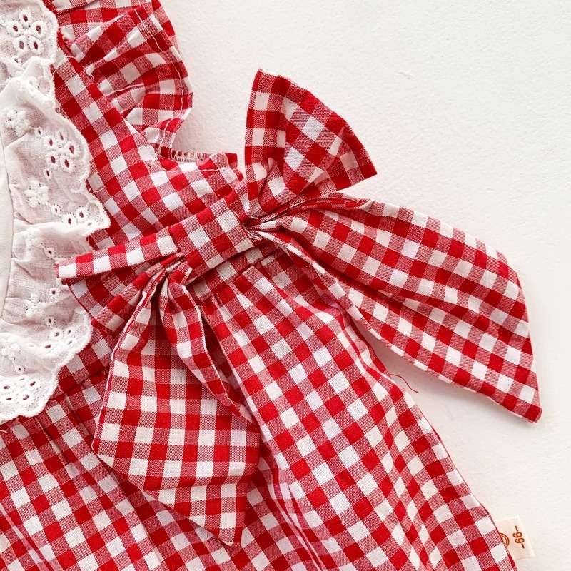 Bộ Áo Liền Quần Không Tay Bằng Vải Cotton Phối Ren Kẻ Sọc Caro Kèm Băng Đô Thời Trang Cho Bé Gái