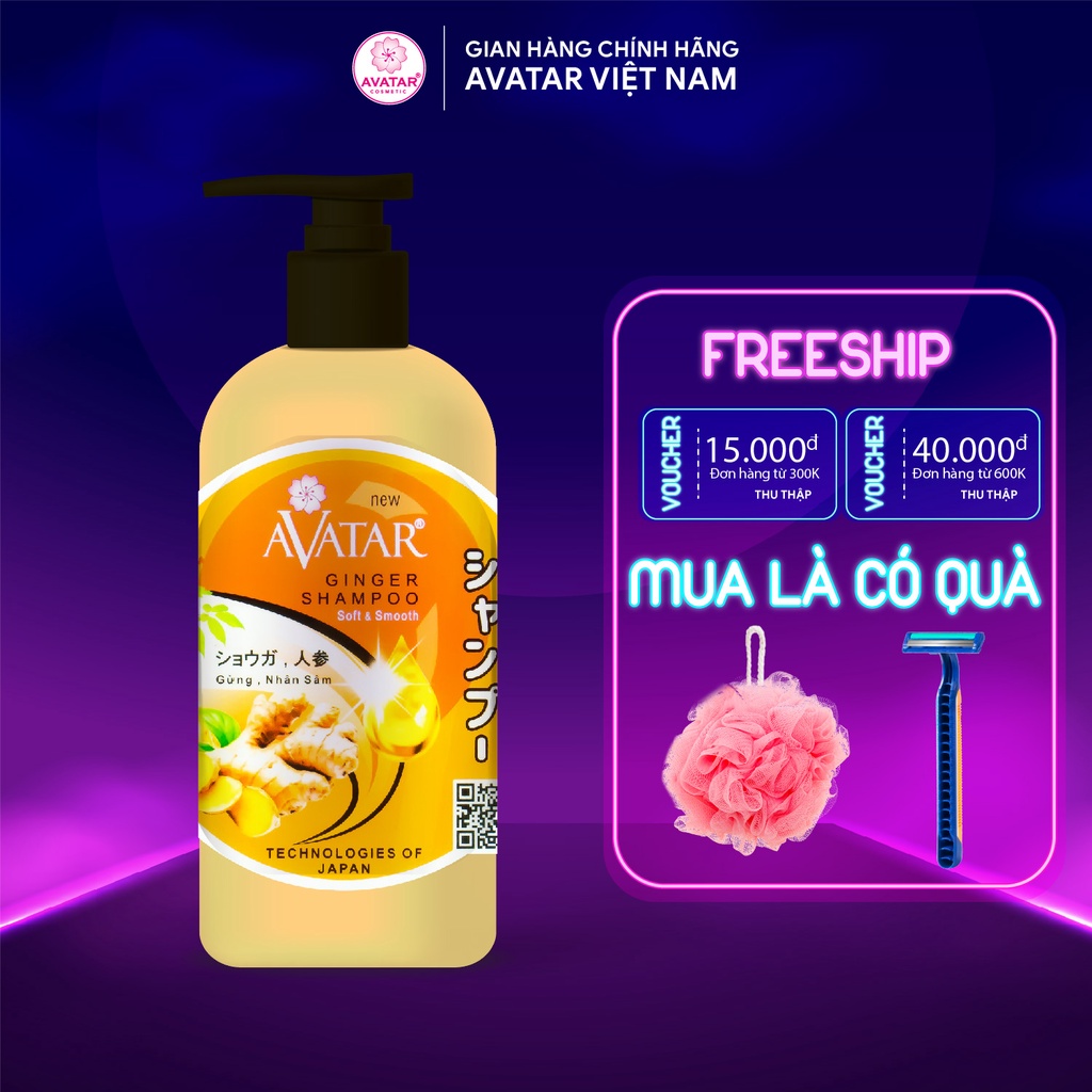 Dầu gội thảo mộc AVATAR Gừng & Nhân Sâm 500ml Ngăn tóc gãy rụng Kích thích mọc tóc nhanh