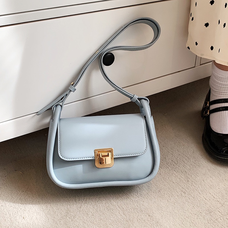 Túi Đeo Vai Có Khóa Màu Xanh Dương Phong Cách Pháp Thời Trang Cho Nữ