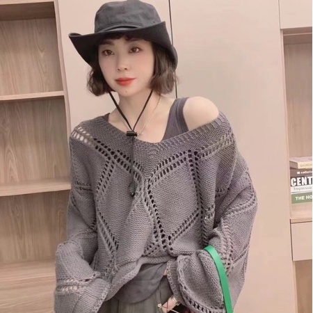 Áo Sweater Dệt Kim Cổ V Tay Dài Họa Tiết Hình Thoi Rỗng Kiểu Hàn Quốc Thời Trang Cho Nữ