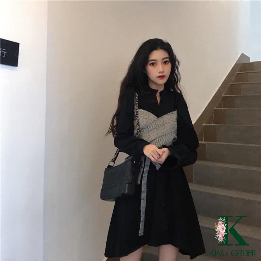 Set váy nữ màu đen màu be phối kẻ thắt nơ eo cá tính thời trang hàng Quảng Châu phong cách Hàn Quốc loại cao cấp đủ size | BigBuy360 - bigbuy360.vn
