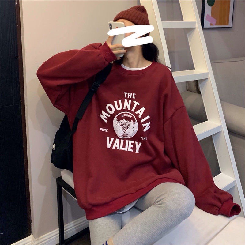 Áo Sweater Mountain QUYN Unisex  Áo Nỉ form rộng tay bồng in hình valiey kiểu dáng vintage đường phố hàn quốc