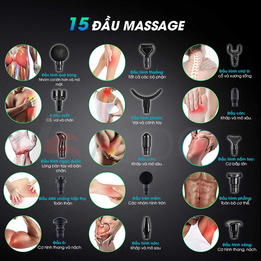 Máy Massage Cầm Tay AjiDO-M3, 15 Đầu Thay Thế, 30 Cấp Độ - Súng Mát Xa Toàn Thân Chuyên Sâu Giãn Cơ, Đấm Lưng, Cổ Vai