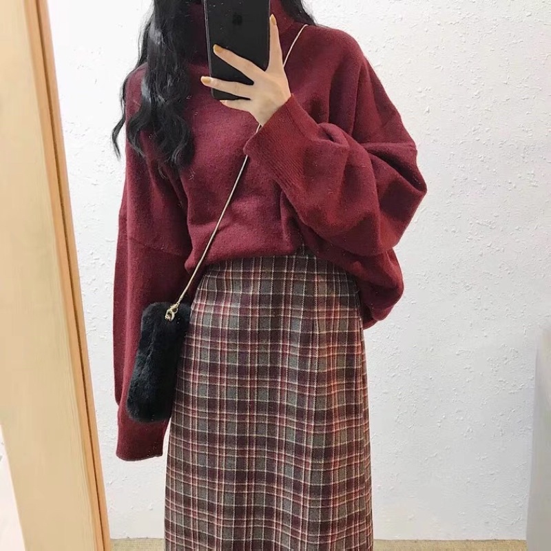 BIGSIZE!!! Set áo len đỏ +chân váy kẻ caro bigsize ulzzang order