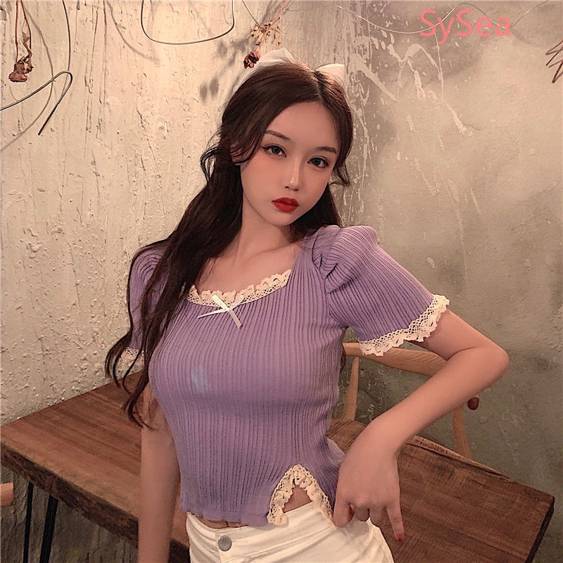 Áo nữ tay ngắn phối ren phong cách thời trang mùa hè dành cho nữ