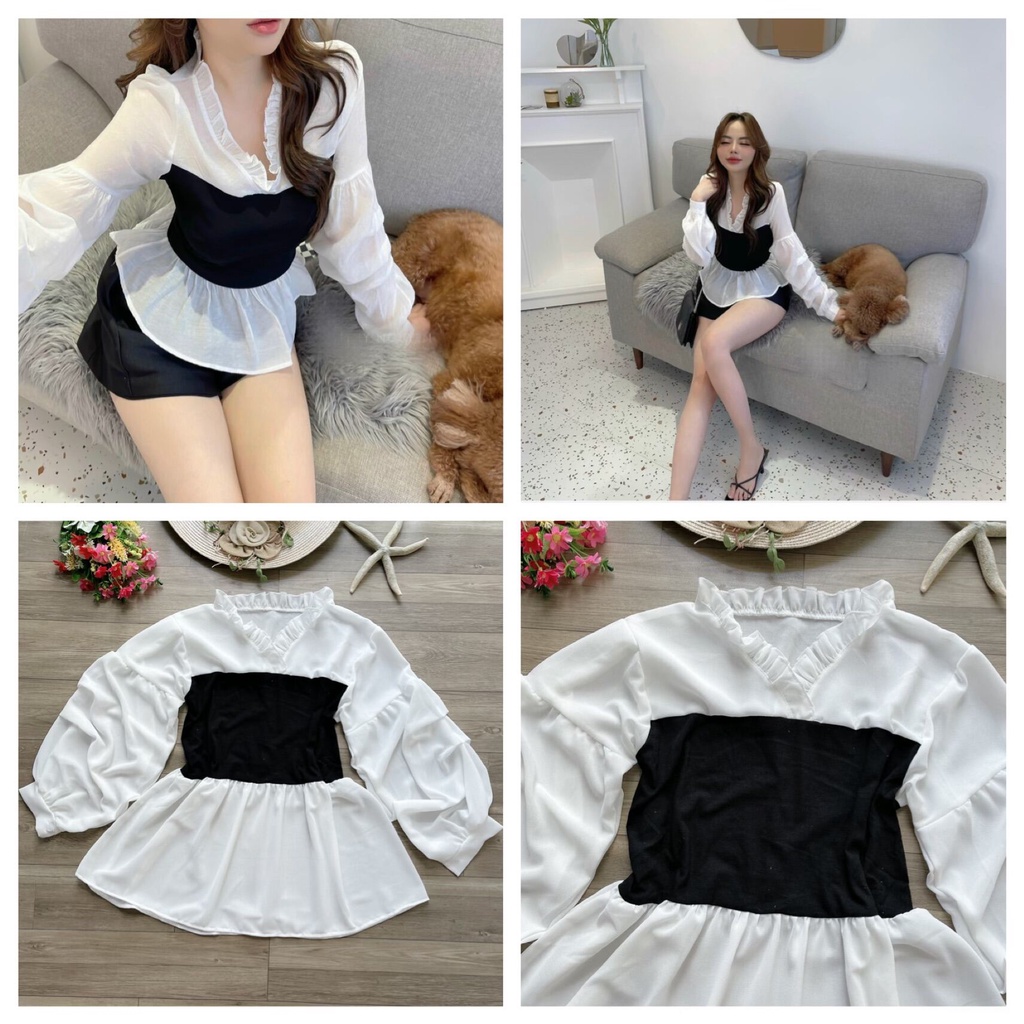ÁO KIỂU NỮ PHỐI EO CÓ DÃN TAY DÀI BỒNG MỚI và chất vải áo thun thái phối voan , từ 40-58 ký vừa xinh,💕 RE dep