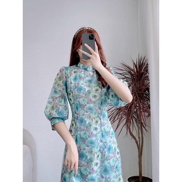 Set Áo Dài Voan Tơ Hoa 4 Tà Tay Phồng Lỡ Cách Tân