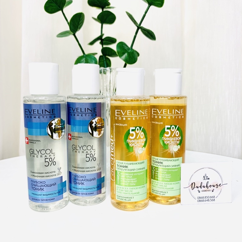 Toner Eveline 5% Glycolic Acid - Glycol Therapy cho da căng bóng, láng mướt, mờ thâm mụn