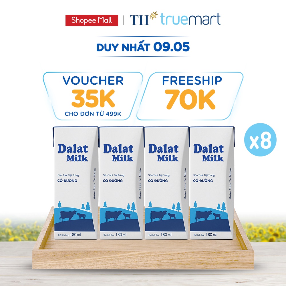 8 Lốc sữa tươi tiệt trùng có đường Dalatmilk 180ml (180ml x 4)