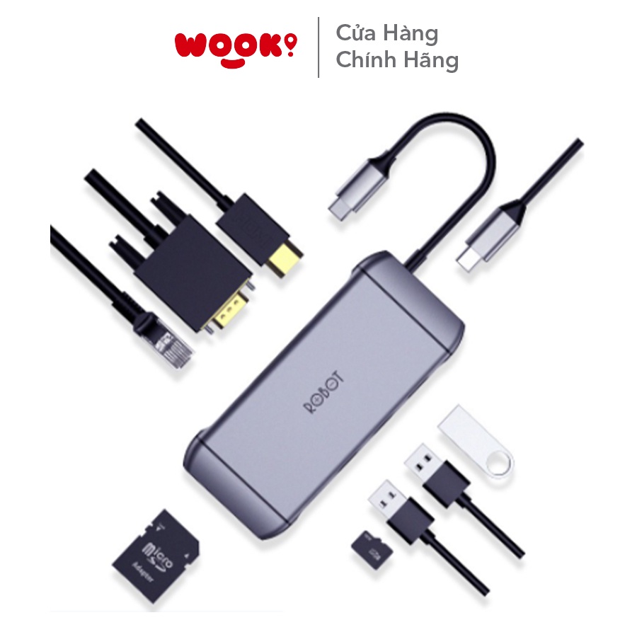 HUB Chuyển Đổi 9in1 ROBOT HT490 Type-c cổng kết nối USB 3.0 2.0  HDMI PD SD TF PD VGA Ultra HD 4K Hàng Chính Hãng