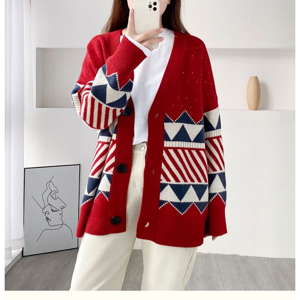 Áo cardigan len thổ cẩm Junnie Closet Áo choàng họa tiết phong cách Hàn Quốc