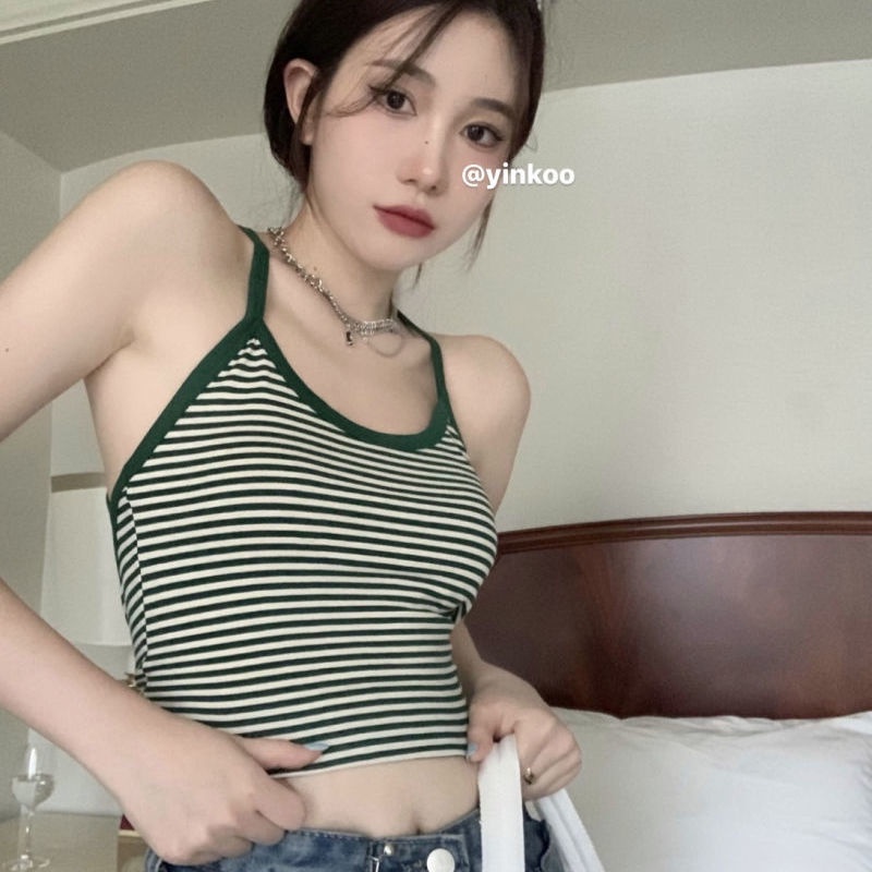 COZOK Áo Hai Dây Kẻ Sọc Màu Xanh Lá Gợi Cảm Cho Nữ