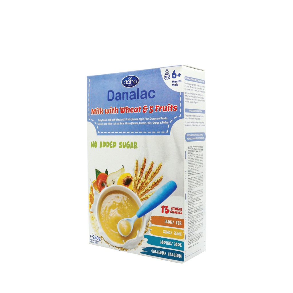 Bột ăn dặm DANALAC lúa mỳ với sữa và 5 loại trái cây - Hộp 250g