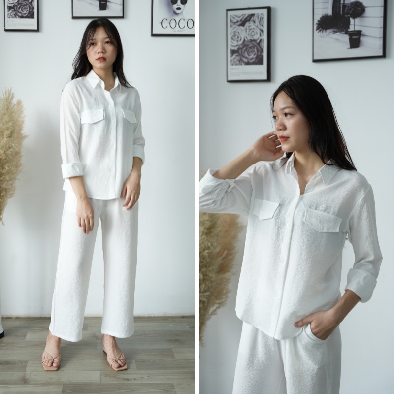 Set bộ đũi sơ mi dài tay quần ống rộng thu đông chất đũi xốp cao cấp sang trọng đi làm đi chơi đều đẹp DB05