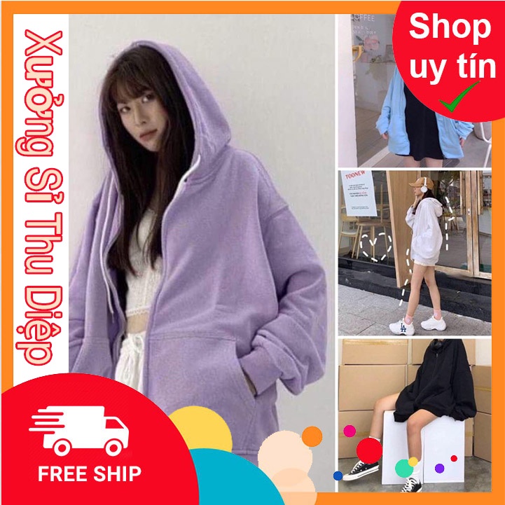 Áo Hoodie Nỉ Trơn Dáng Rộng Kèm Mũ Khóa Kéo 6 Màu (kèm ảnh thật )