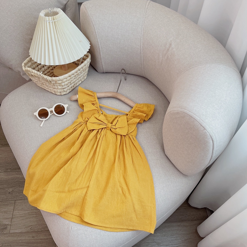 Váy 2 dây cánh tiên đính nơ lưng cho bé gái, váy cánh tiên chun ngực chất đũi sần cara mát mẻ cho bé