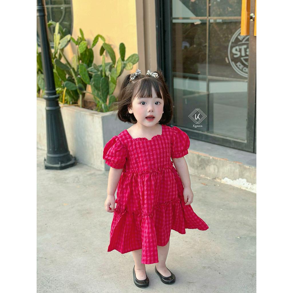 Váy bé gái tay bồng, cổ vuông xinh xắn KAMACA, Chất liệu thô dệt nổi cao cấp, mềm mại