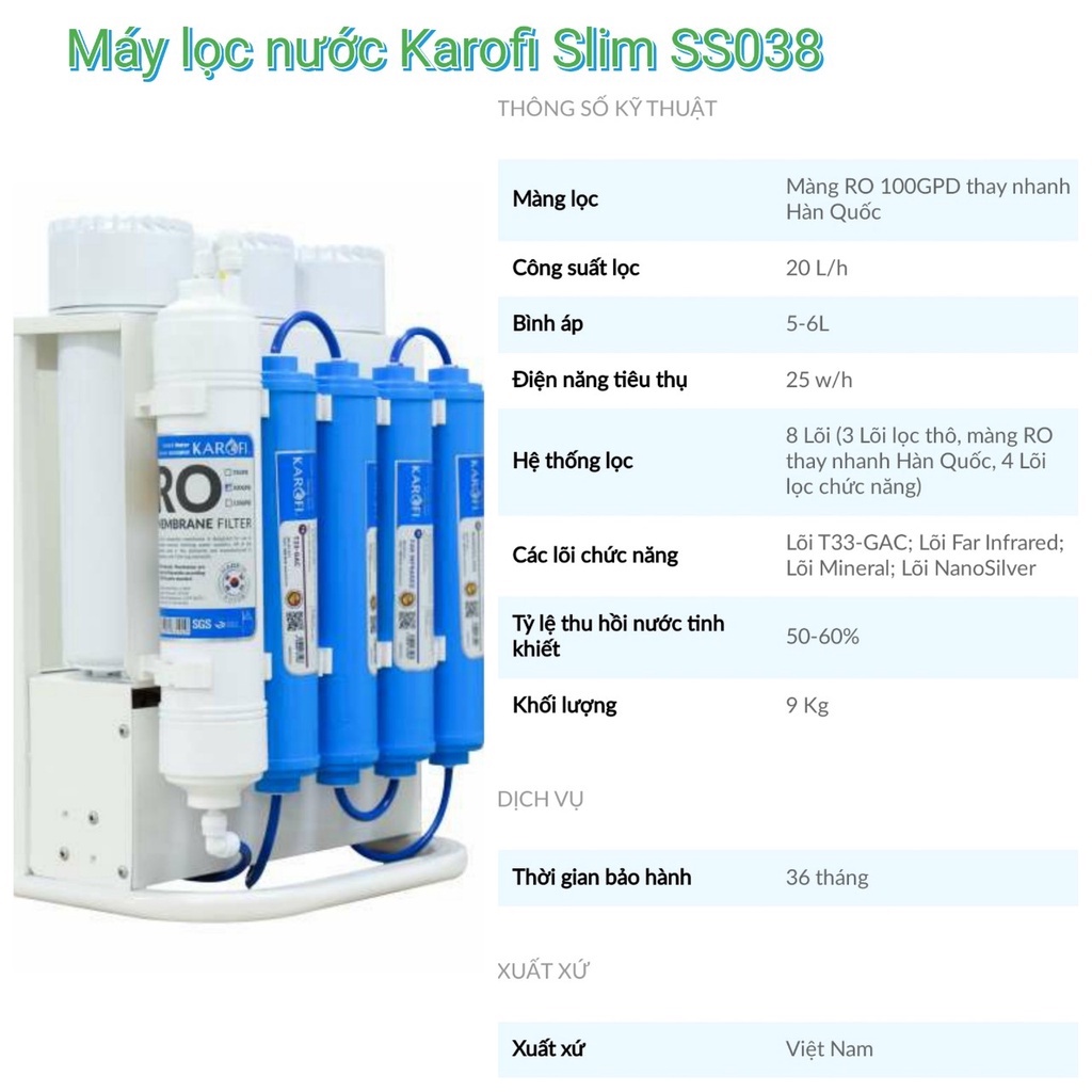 MÁY LỌC NƯỚC KAROFI SLIM S-S038,Tặng Bộ Lõi Đúc 6.2 KAROFI