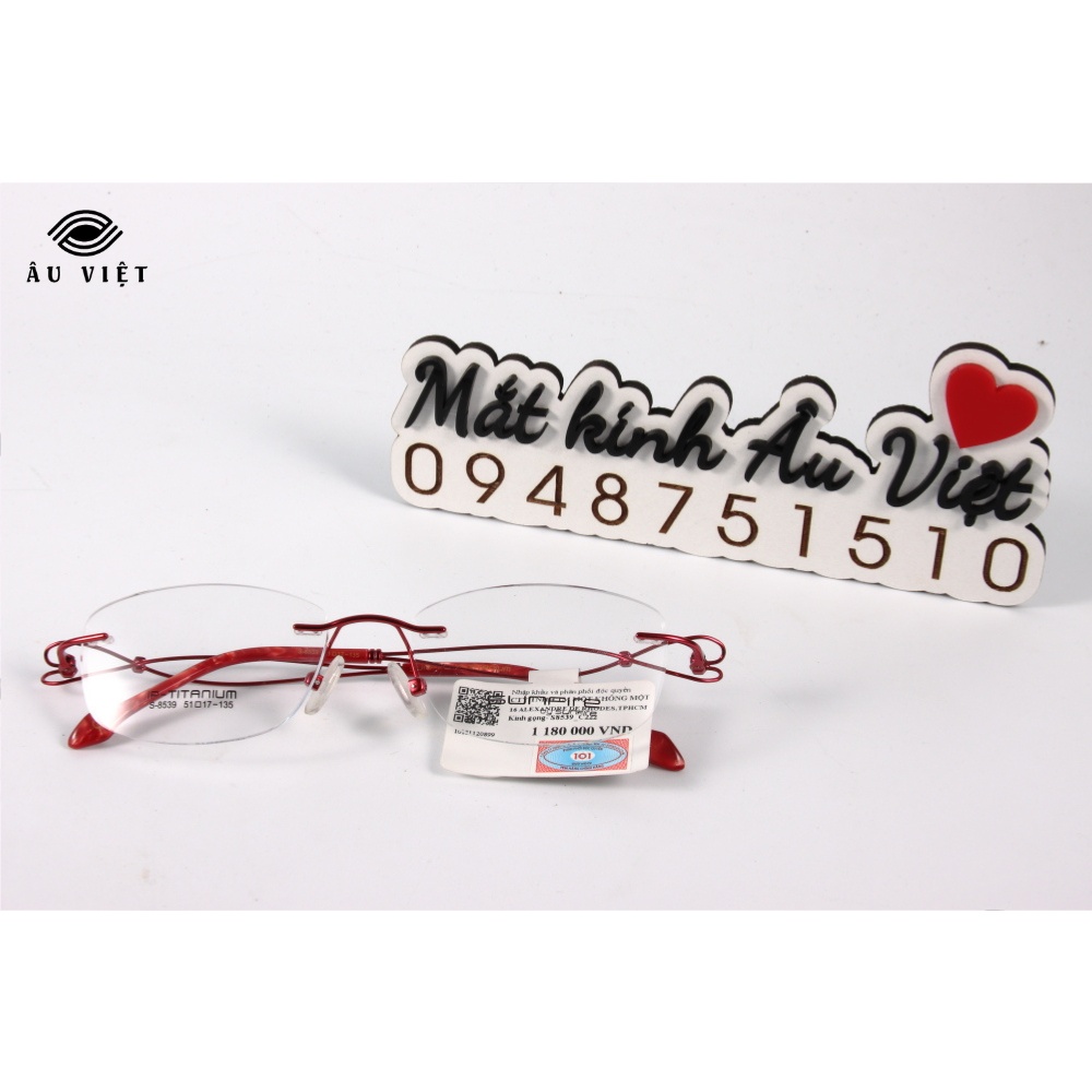 Gọng kính khoan nữ kim loại titanium dáng vuông chữ nhật Sunfire S-8539 màu đỏ vân đá Full box
