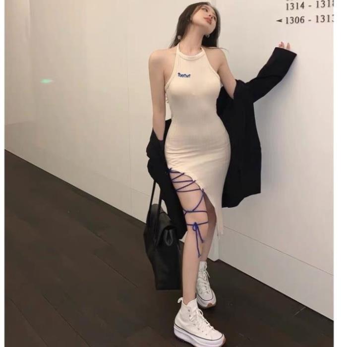 Váy Body Xẻ Tà Đan Dây Dáng Dài Cổ Yếm Thắt Dây Chất Thun Len Co Giãn Hàng Quảng Châu
