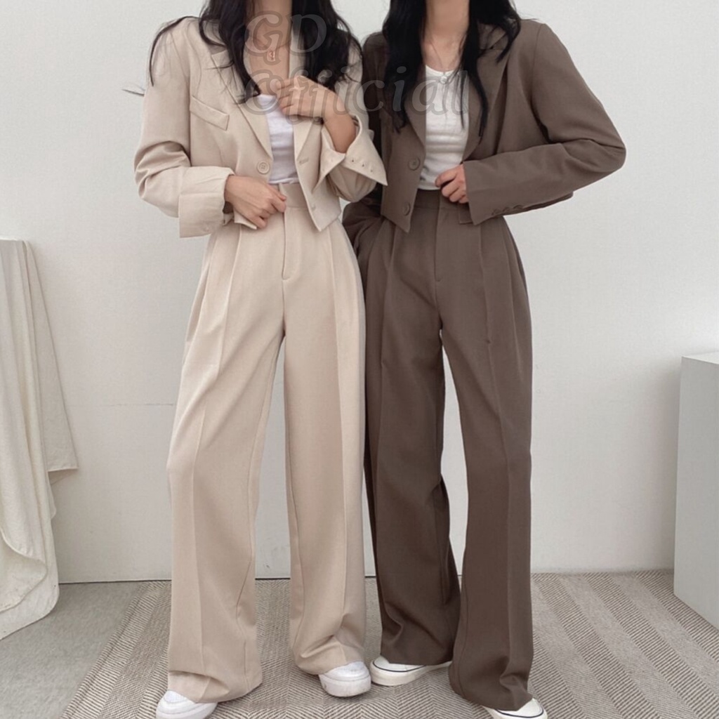 B66|Set bộ blazer âu nữ áo khoác dài tay dáng croptop lửng, quần vest cạp cao lưng thun co giãn màu nâu, be GD Official