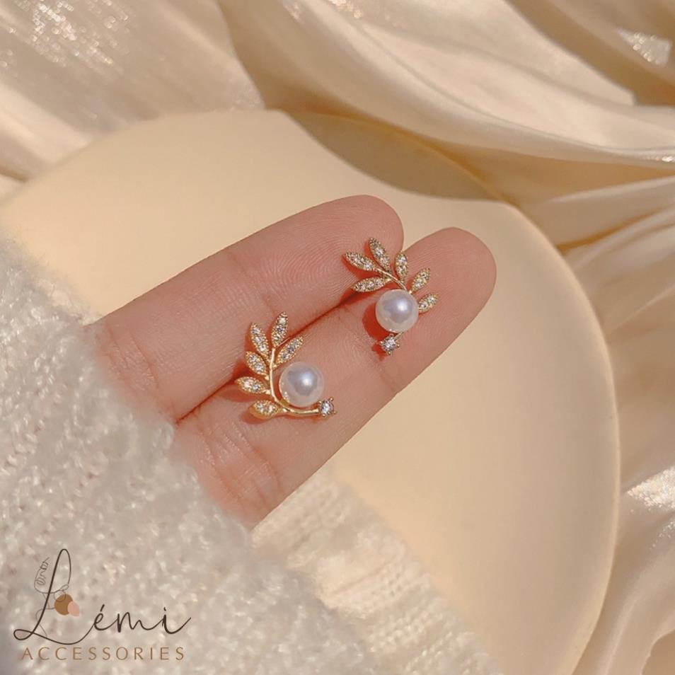 [FREESHIP] Bông tai đính đá bạc 925 mạ vàng có hình chiếc lá, nguyệt quế, hình vuông tròn bầu dục Hàn Quốc, June