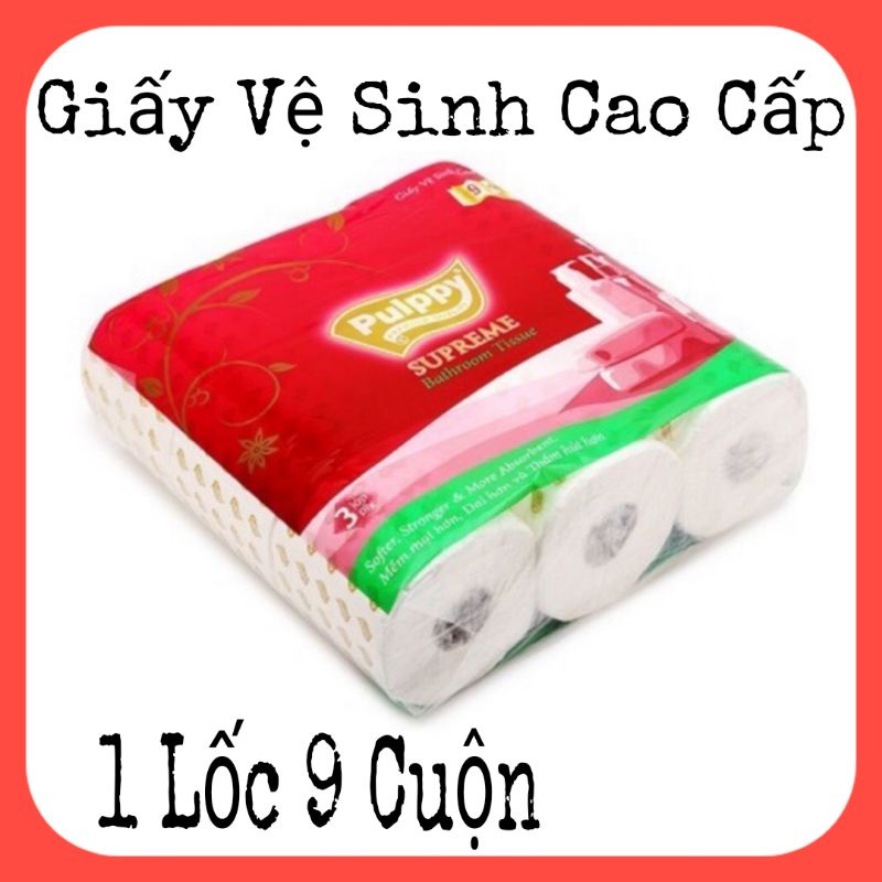 Combo Giậy Vệ Sinh Cao Cấp Pulppy Supreme Giấy Lụa 3 Lớp 1 Lốc 9 Cuộn