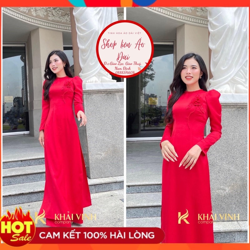 △Áo dài đỏ thiết kế bông hoa thủ công, phần đuôi tết rất cách điệu, chất lụa tây thi 2 tà | BigBuy360 - bigbuy360.vn